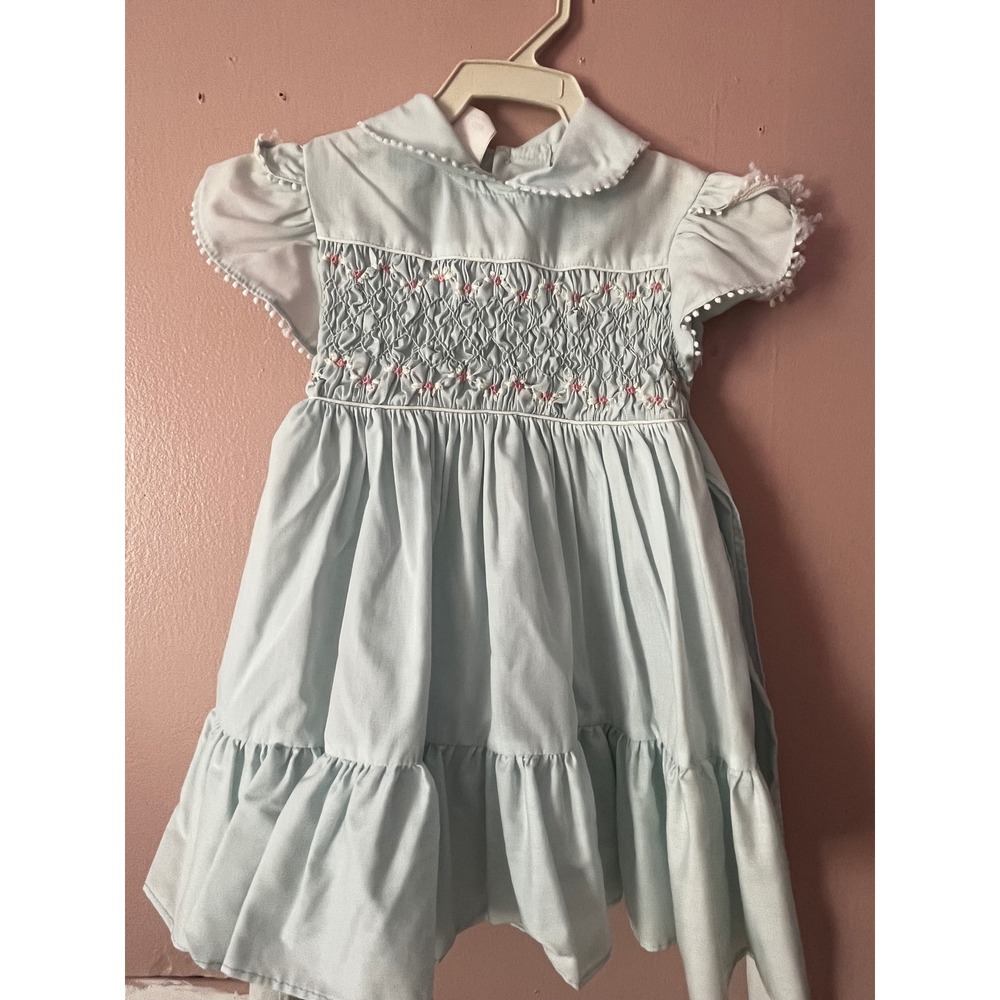 Polly Flinders Vintage Hand Smocked Dress Light Blue Pink Floral Toddler 2